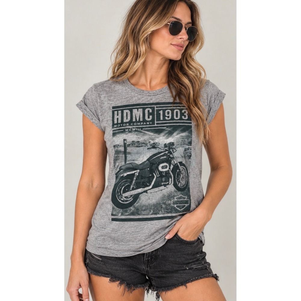 Harley-Davidson Womens Retro HDMC 1903 Motorcycle Graphic Tee Gray Small